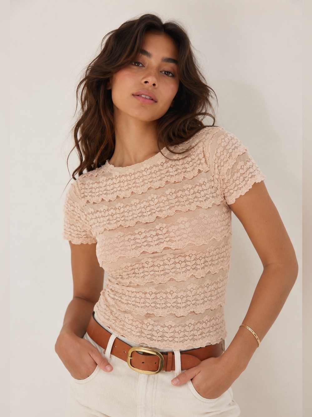 Free People Angelina Lace Tee Size L Tea Blush Sheer Ruffle Top NWT